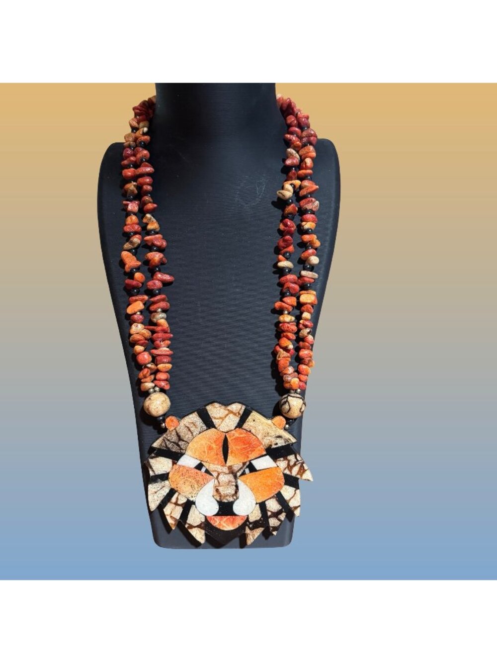 Lee Sands Coral Onyx Lion Face Mosaic Torsade Statement Necklace Vintage Gift